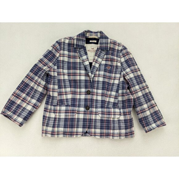 Hollister Women's Blazer Size L Blue Plaid 3/4 Sleeve Preppy - Picture 2 of 13